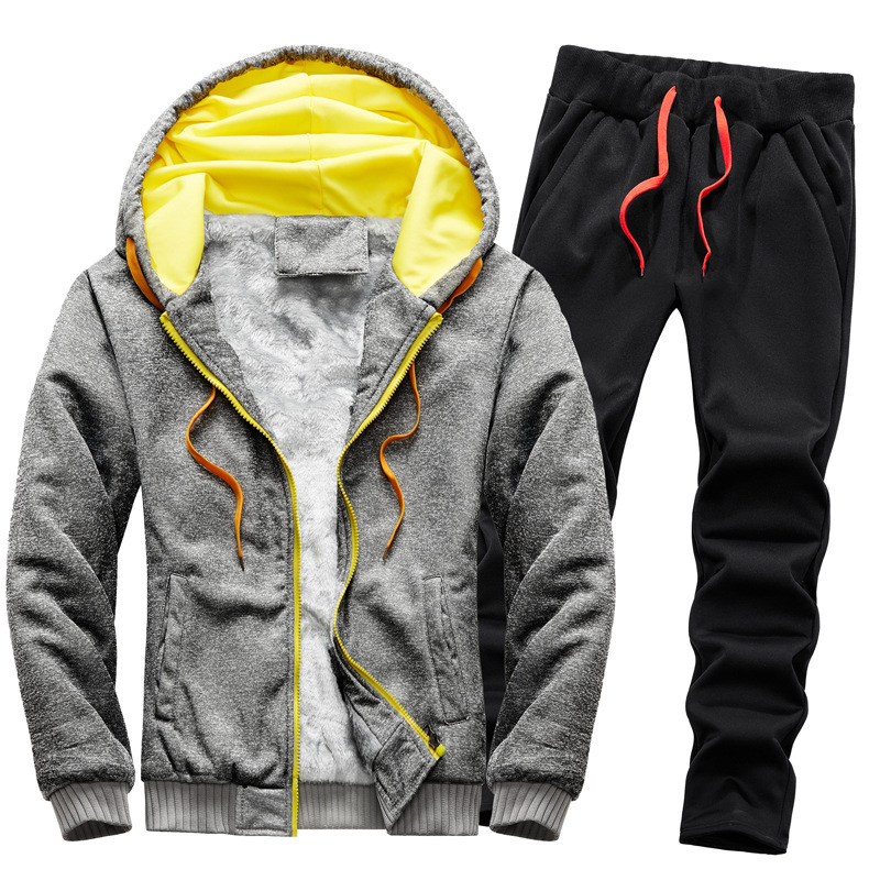 European and American cross border men's winter clothing thickened velvet warm sweater suit solid color sportswear large size_voghion.com