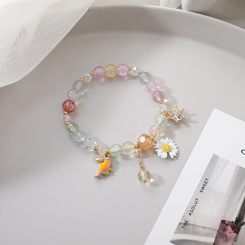 Sommer Süßer Wald Stil Gänseblümchen Blume Vogel Popcorn Kristall Armband Damen Mädchen Geschenk Einzel Runde Handschmuck display picture 7