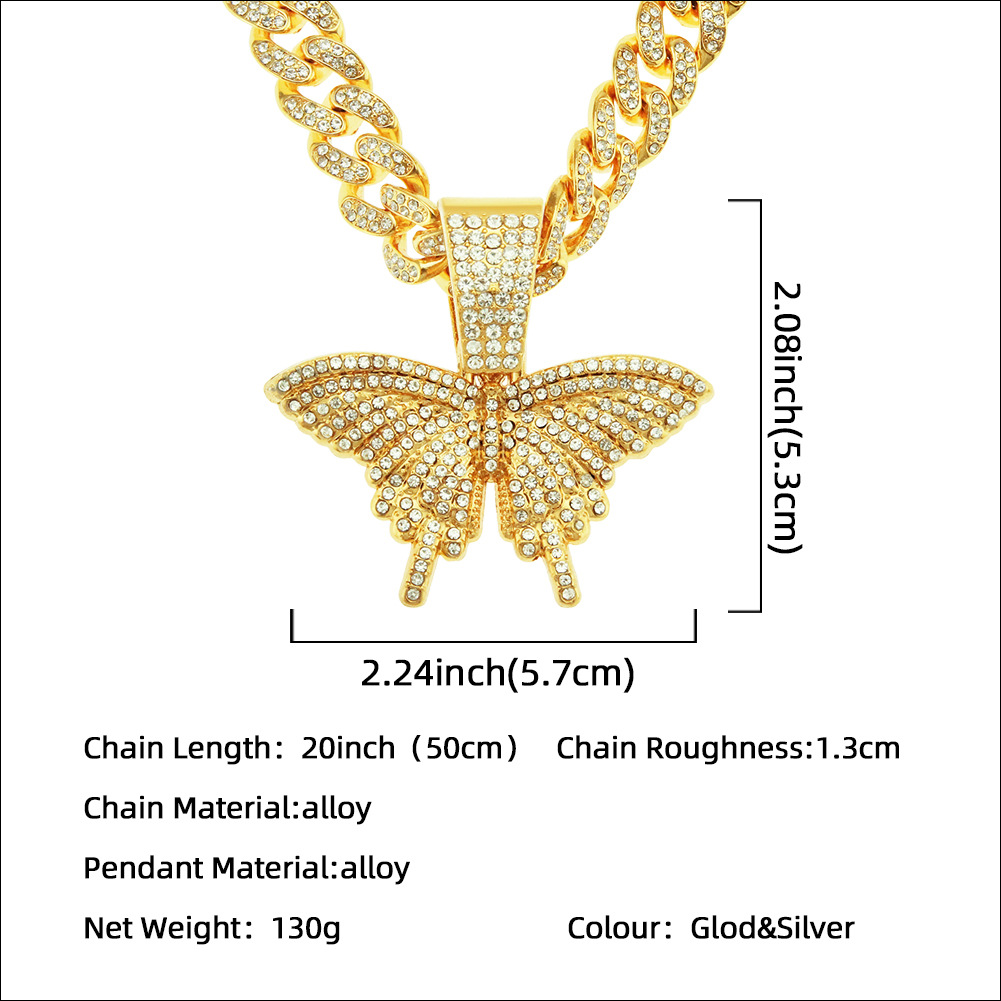 Hip-hop Full Diamond Three-dimensional Butterfly Pendant Wide Chain Cuban Chain Necklace display picture 1