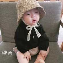 爆款夏款儿童草帽韩国宝宝0-2岁遮阳防晒帽蕾丝系带帽子亲子