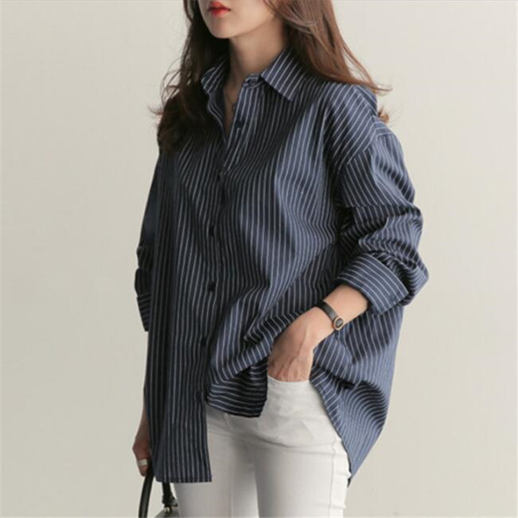 Cross-border Summer New Korean-style Blue Vertical Stripe BF plus size Long-sleeved Shirt Academy-style Loose All-match Shirt Trendy
