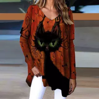 亚马逊2020跨境新款热卖欧美V领猫咪印花休闲宽松女式上衣大码T恤