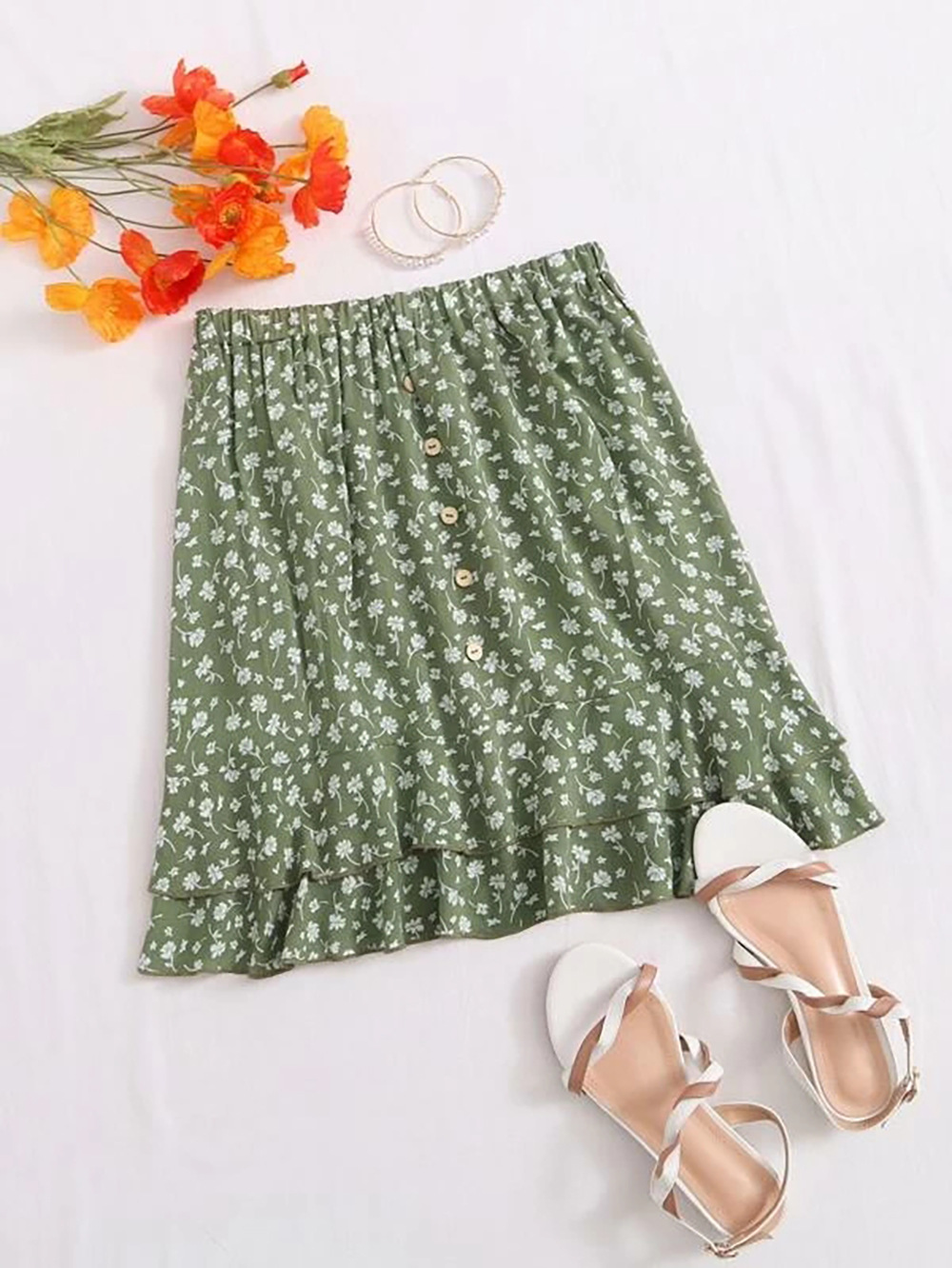 summer new women's floral short skirt small daisy wood ear print wrinkle skirt NSDF1540