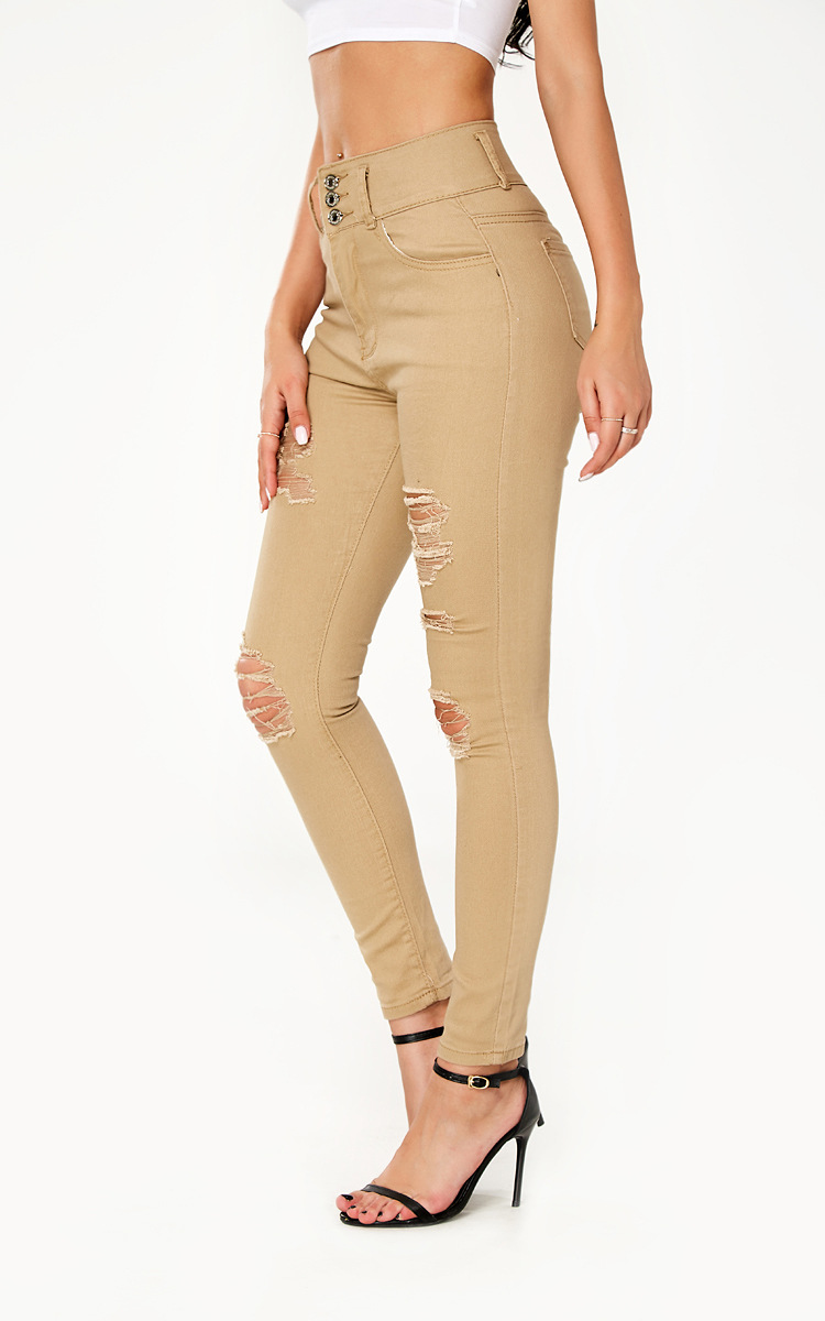 khaki high waist lifting-hips ripped pants NSSY9908