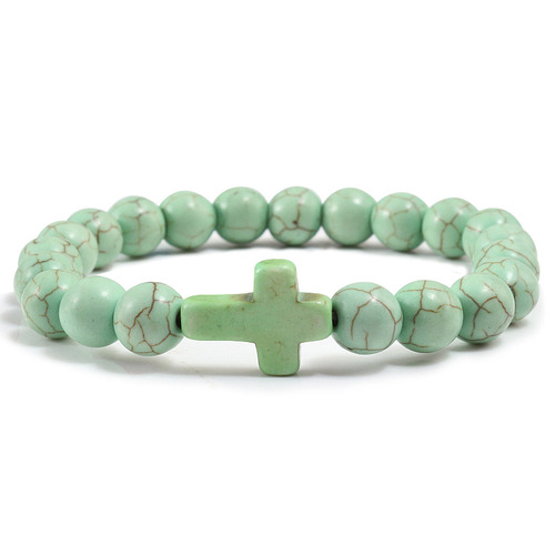 2pcs Blue Turquoise Cross Bracelet for unisex Volcanic Stone Round Bead Bracelet Elastic rope yoga Buddha beads meditation bracelet
