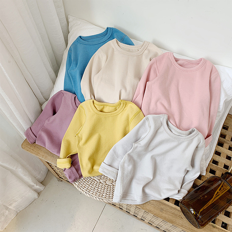 韩版 秋季儿童纯色家居服套装 男女童纯棉糖果色无痕舒适贴身睡衣|ms