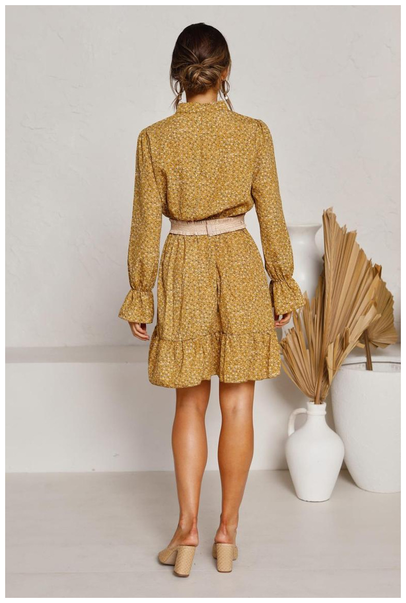 printed long-sleeved round neck ruffle skirt dress NSYD3778