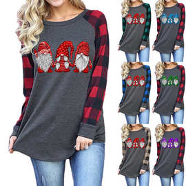 2020亚马逊热卖爆款女上衣 圣诞老人图案印花圆领插肩长袖t恤女