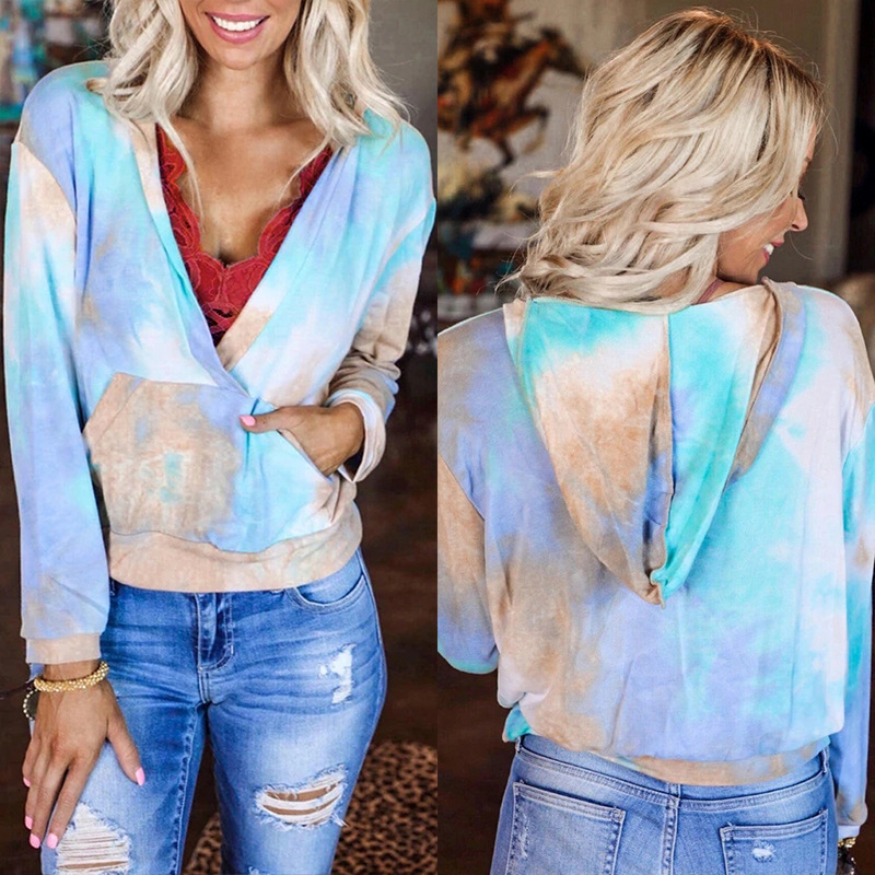 autumn hot style women s tie-dye printing V-neck long-sleeved pocket hooded sweater NSKX5823