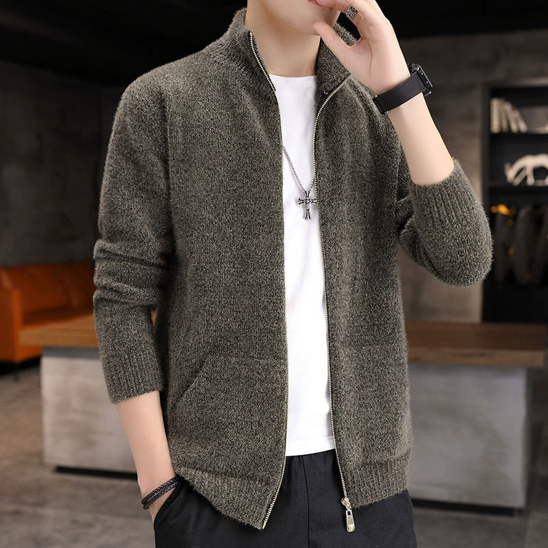 Поставка внешней торговли, модный вязаный кардиган с воротником-стойкой, мужской зимний, новое корейское пушистое толстое теплое пальто, прилив