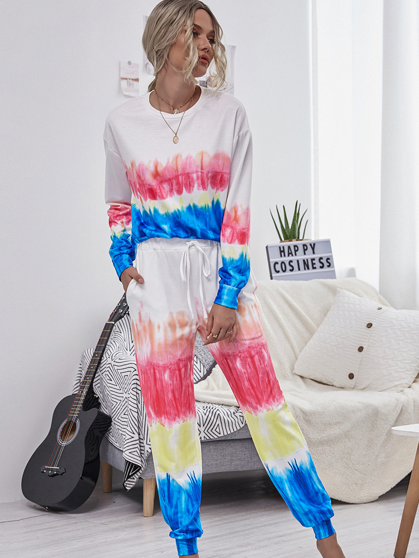 hot style printed tie-dye sweater women s long-sleeved round neck pullover sweater set NHDF88