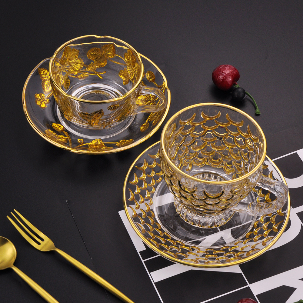 欧式镶金水晶玻璃咖啡杯 带碟手柄杯小茶水杯热饮料杯奶茶杯子