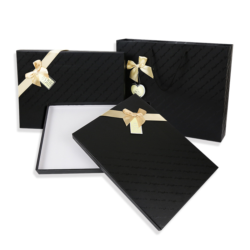 长方形黑色围巾丝巾包装盒礼品盒手提袋蝴蝶结天地盖创意纸盒现货|ru