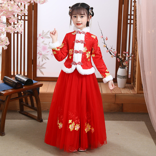 Hanfu chinese qipao for girl ancient fairy princess dress for kids New year Tang suit cheongsam dress plushed lining with headdress