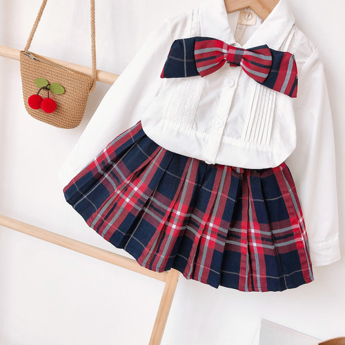童装一件代发2024春夏韩版纯色衬衫加格子裙子厂家直销儿童校服