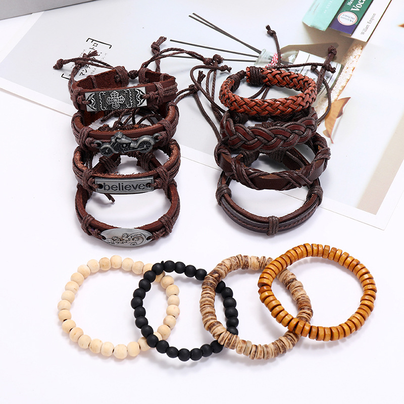 new retro woven leather wooden bead bracelet set