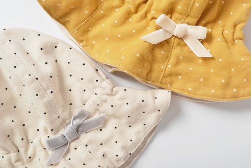 moinmlon spring and autumn new girls polka dot basin hat double-layer cotton brushed elastic lampshade hat bow hat