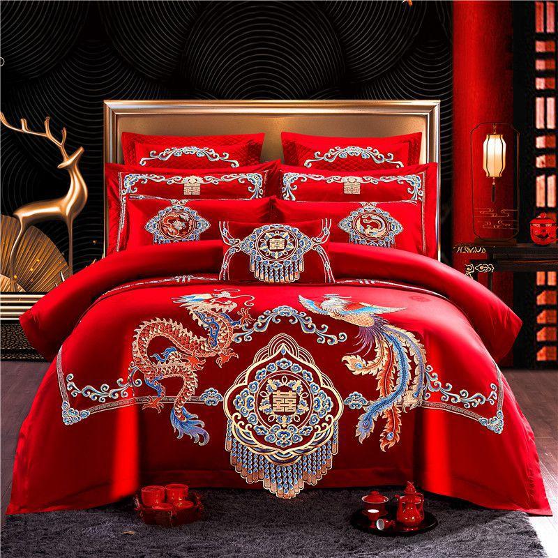 新款100支提花长绒棉婚庆多件套 加厚纯棉中国风贡缎绣花四件套|ru