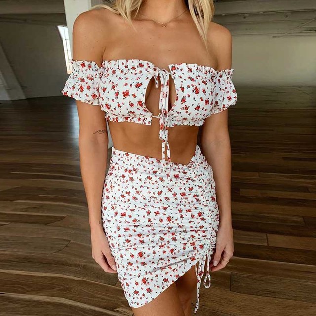 Drawstring two piece lace up Ruffle print wrap hip Skirt Set