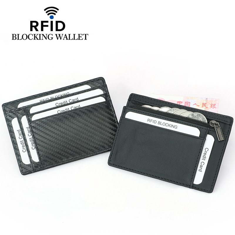 Manufacturer wholesale new RFID Amazon carbon fiber pattern card holder first layer cowhide zipper coin card holder