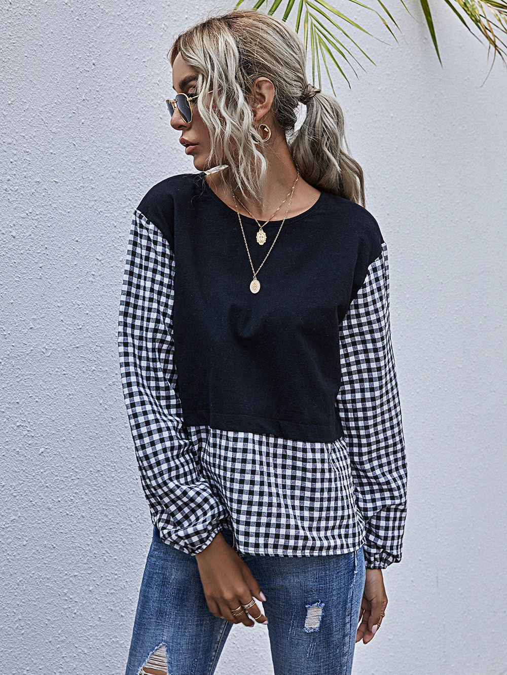 Plaid stitching solid color ladies round neck loose long-sleeved casual pullover NSDF2823