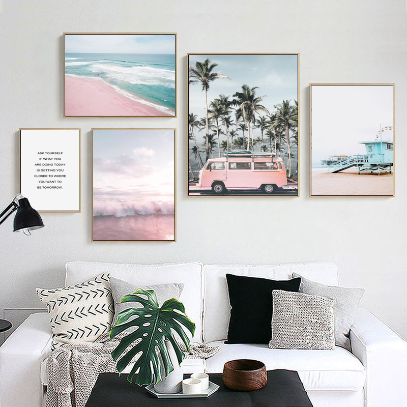 跨境简约北欧风景建筑粉色沙滩海浪汽车照片墙组合装饰画图片画芯