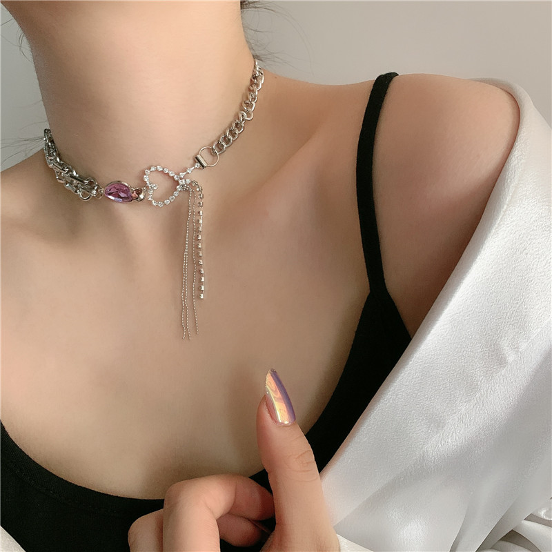 Purple Love Rhinestone Tassel Thick Necklace Clavicle Chain Wholesale display picture 4