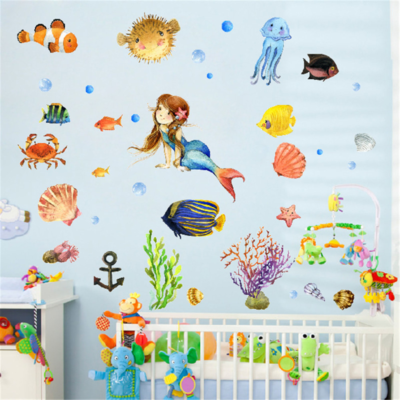 卡通动物海洋美人鱼贴画立体墙贴纸幼儿园儿童房间墙面自粘装饰