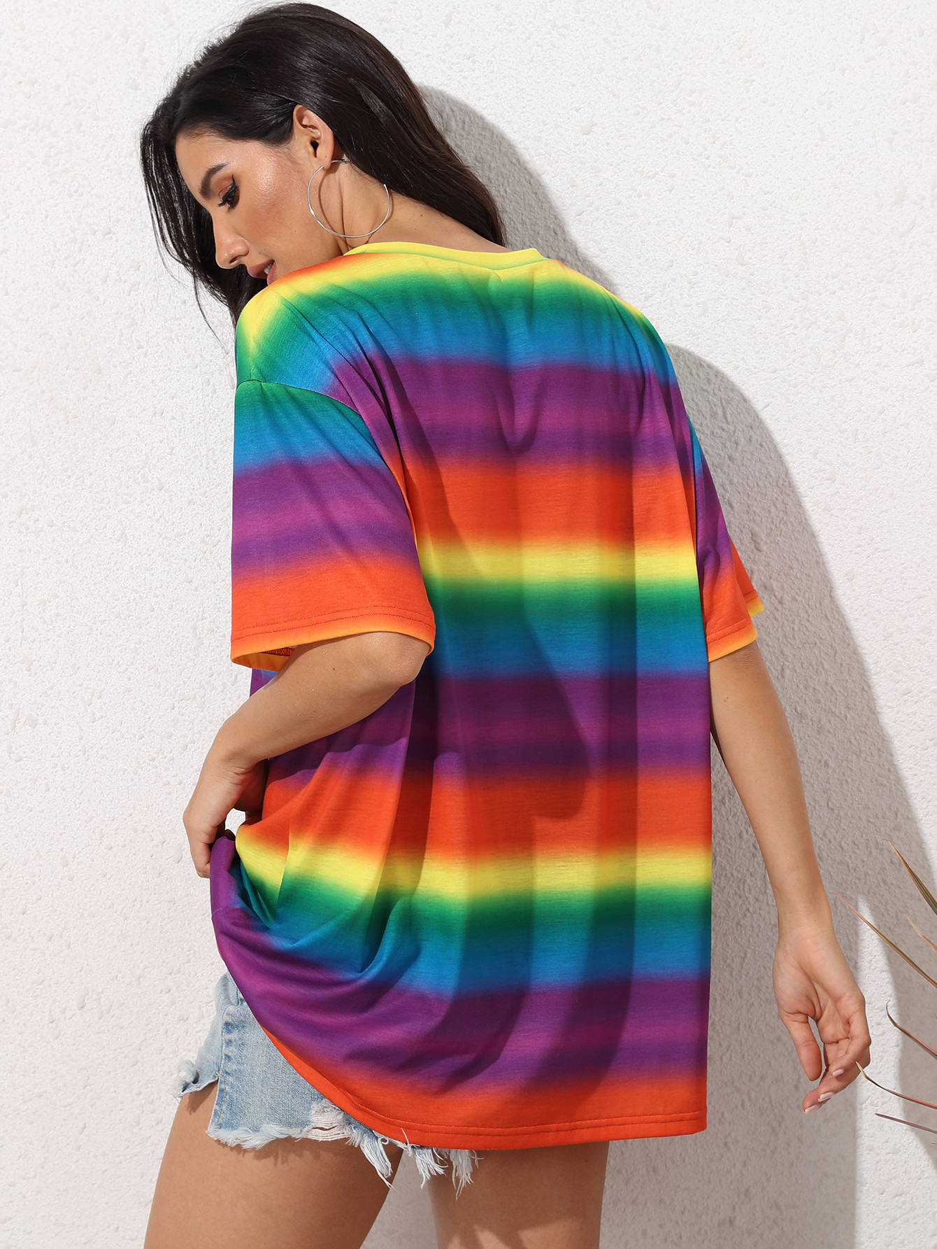 Rainbow stripe printing short-sleeved T-shirt NSGHY43729