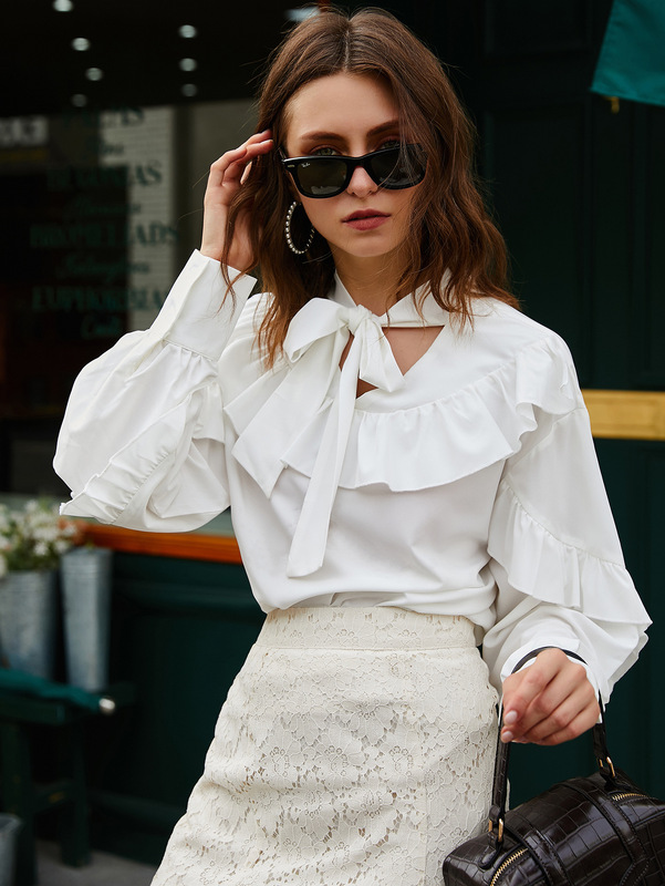 New New European and American Cross-border Explosions Spring and Autumn Women's Fashion Tie Neckline Ruffled Trim Women's Shirt