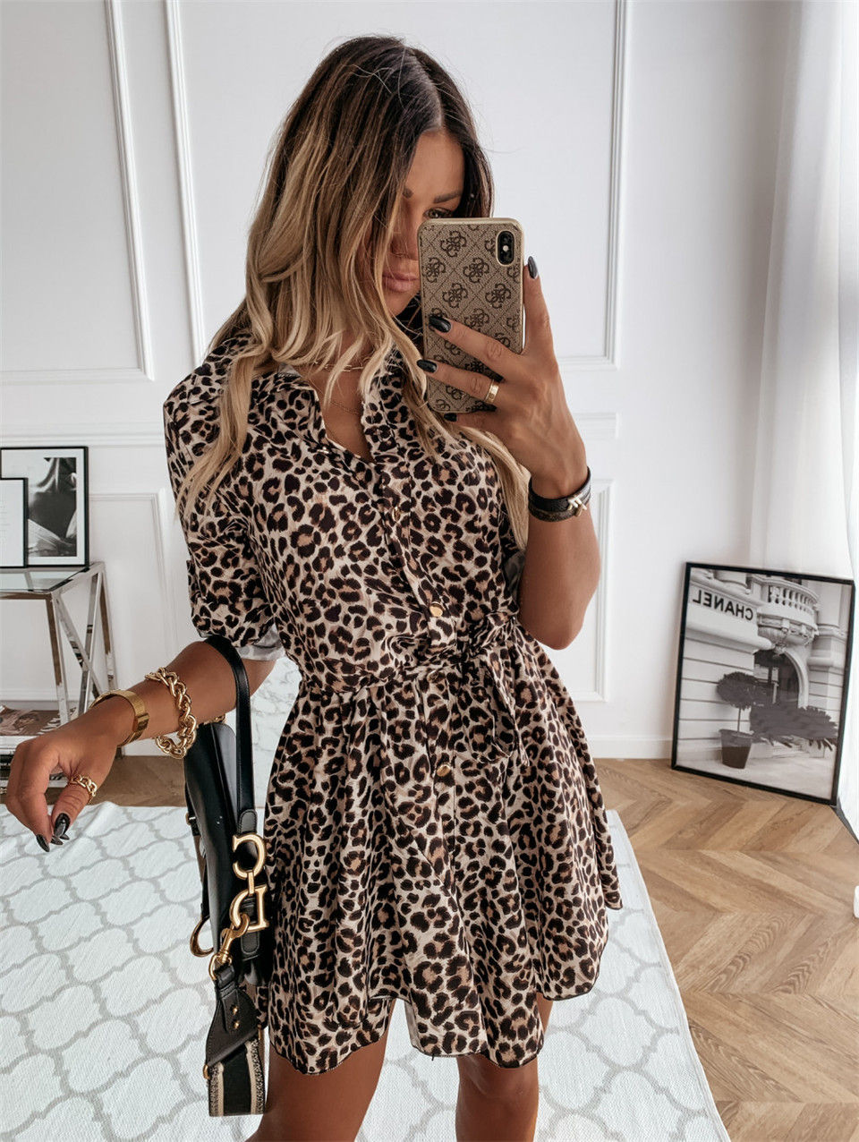 autumn and winter new long-sleeved fashion sexy printed shirt dress NSYD3738