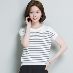 Loose short sleeve ice silk knitwear summer thin bat sleeve stripe T-shirt women’s short silk top