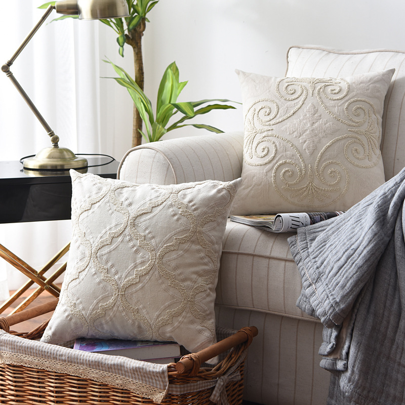 Amazon Cotton and Linen Woven Embroidered Sofa Throw Pillow Headboard Cushion Cover Seat Cushion Bed Backrest Decoration Ins Style Home Decor