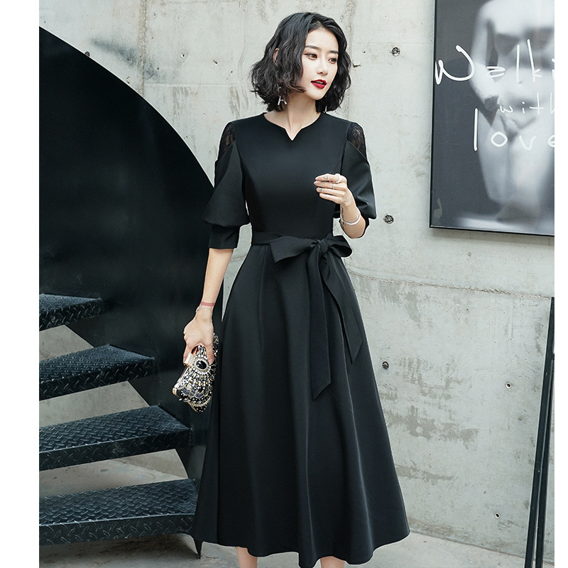 Vestido de noche negro para mujer, elegante, de longitud media, simple y elegante, vestido se puede usar más tamaño en tiempos ordinarios