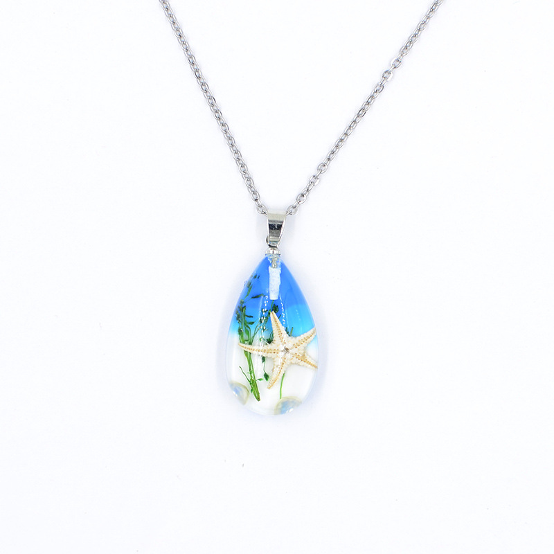 1 Piece Quantity Holiday, Beach Occasion Stainless Steel, Resin Material Creative Handmade Resin Starfish Shell Water Drop Stainless Steel Necklace Women's Jewelry Student Travel Necklace