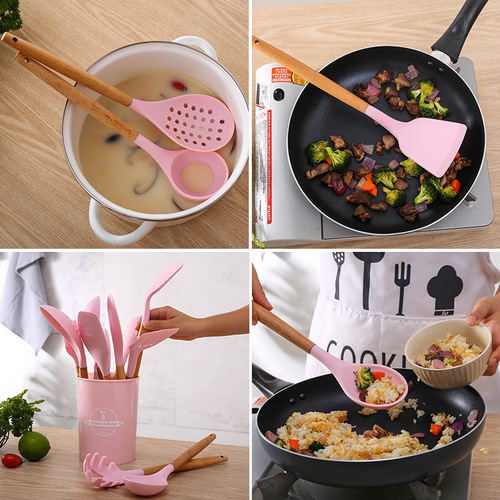 Beech handle silicone kitchen utensil twelve-piece set spatula soup spoon kitchen utensils non-stick pan egg clip Nordic style baking spatula