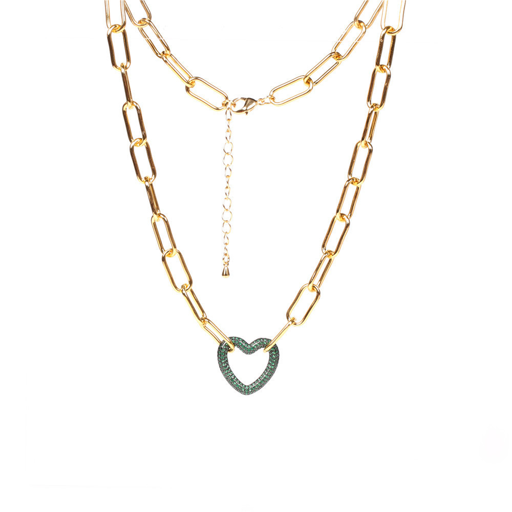 Hot Sale New Hip-hop Style Colorful Full Diamond Heart-shaped Lock Thick Chain Necklace display picture 3