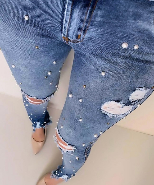 plus size elastic hole nail bead pearl jeans NSXXL128248
