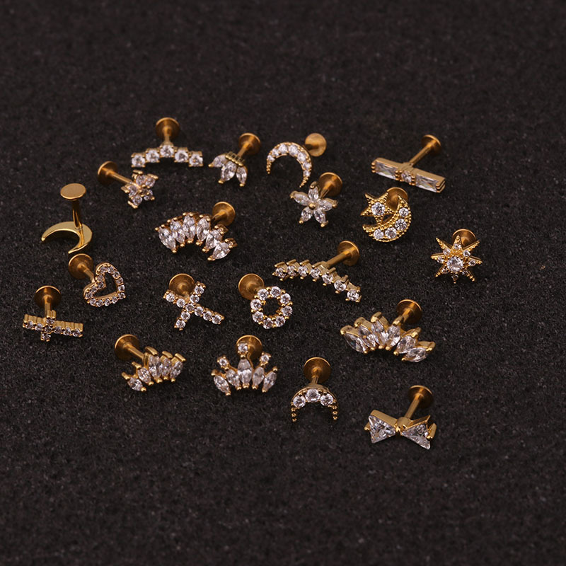 Fashion Crown Flower Stainless Steel Copper Inlay Zircon Lip Stud 1 Piece display picture 2