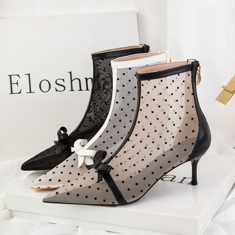 183-5 Korean Style Sweet Slim Look Perspective Dot Mesh Hollow High Heels Women's Shoes Stiletto Heel High Heel Pointed Toe Boots