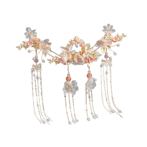 Hanfu Headwear for Women, Ancient Style with Flowing Silks, Hairpin with Gold Color, Hair Comb for Brides, Hair Adornments for Girls, Ethereal Set