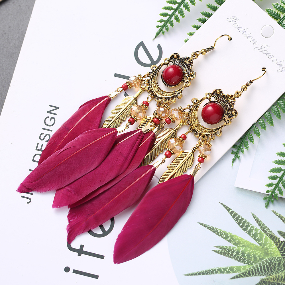 Fashion Retro Tassel Long Feather Earrings Female Beads Fashion Jewelry display picture 1