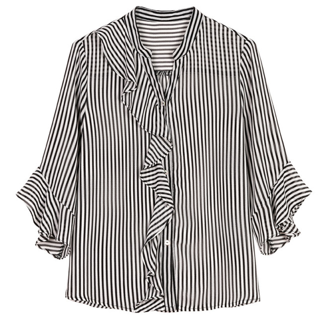 Stripe chiffon blouse women’s short sleeve summer Korean loose Ruffle shirt flare sleeve top