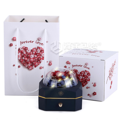 新款触感开关led灯永生花盒 玫瑰花盒收纳礼品戒指吊坠包装首饰盒