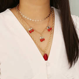 欧美跨境饰品 红水晶 樱桃多层项链女 时尚小众创意项饰N803