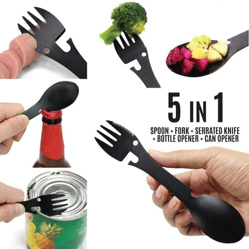 Stainless steel multifunctional knife, fork and spoon picnic 5-in-1 all-in-one fork and spoon EDC gadget outdoor camping convenient tableware