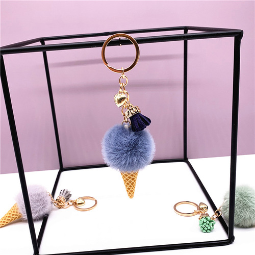 Ice cream keychain cute bag cartoon plush pendant cone car key chain ring fur ball creative gift