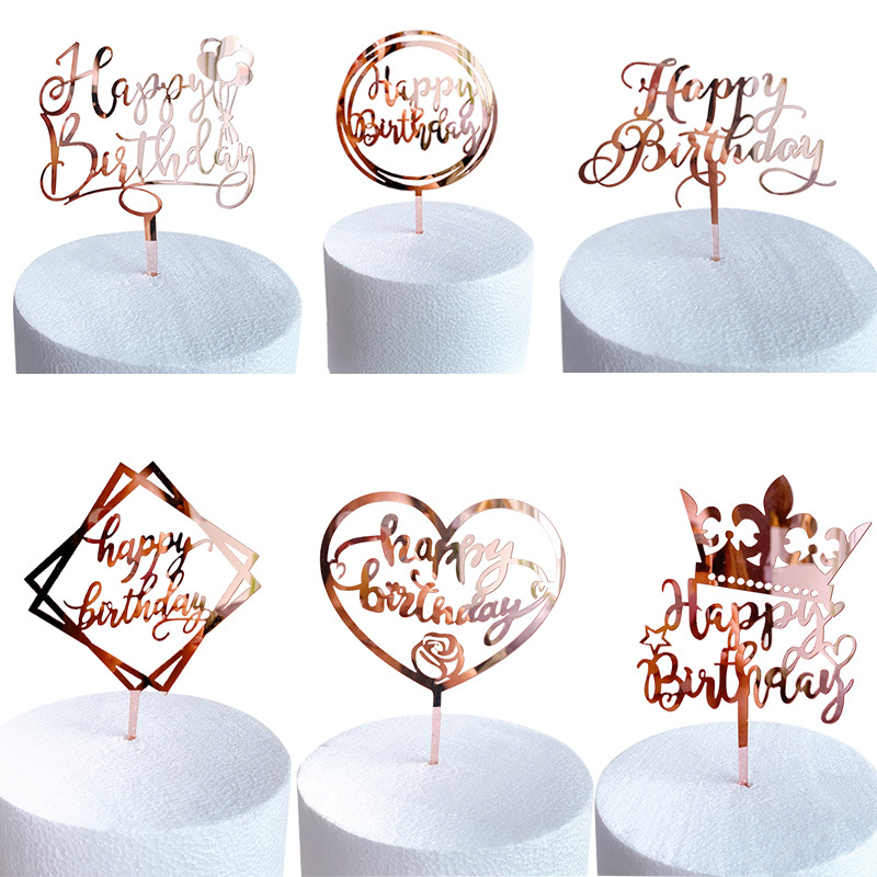 Cross-border Rose Gold English Acrylic Cake Card Factory Directly Supply ins-style Simple Birthday Cake Decoration