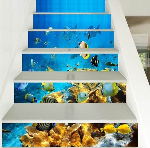 画谷墙画装饰6片楼梯贴海底鱼群亚马逊货源跨境货源