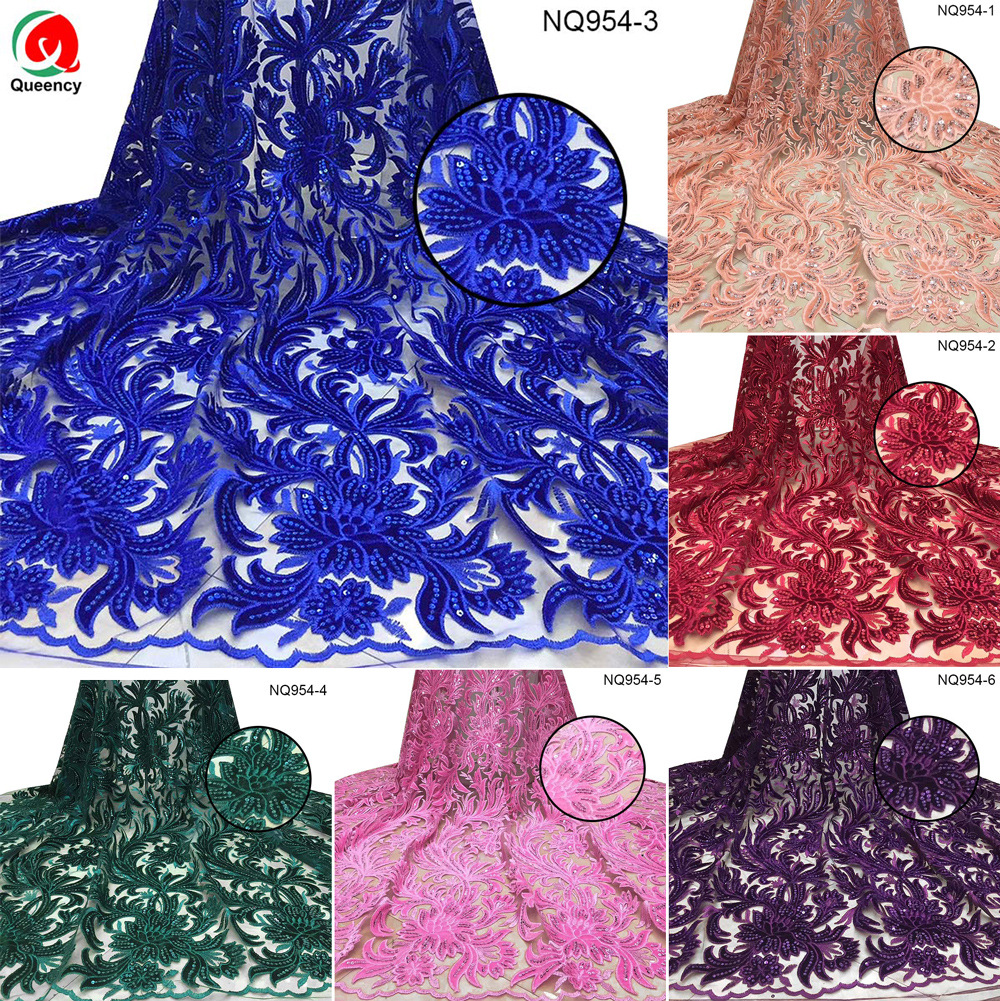 NQ954 宝蓝色蕾丝 非洲连衣裙女装童装绒布+亮片刺绣网眼布面料